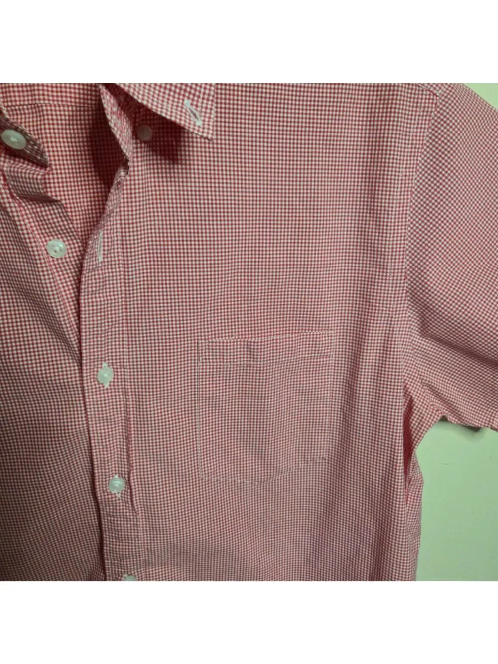 Men's J. Crew Cotton Poplin Red Gingham Check Button Down Short Sleeve Top Sz Lg